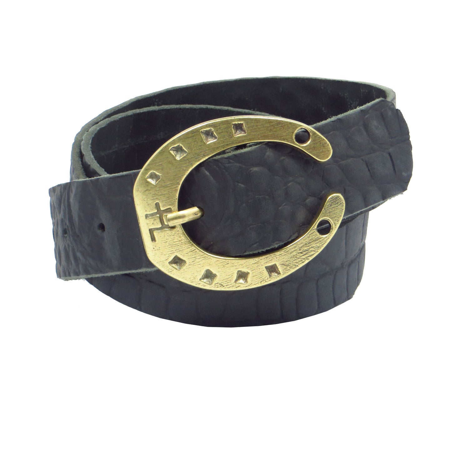 Ledergürtel 4 cm breit schwarz Büffelleder mit Hufeisenschnalle messing