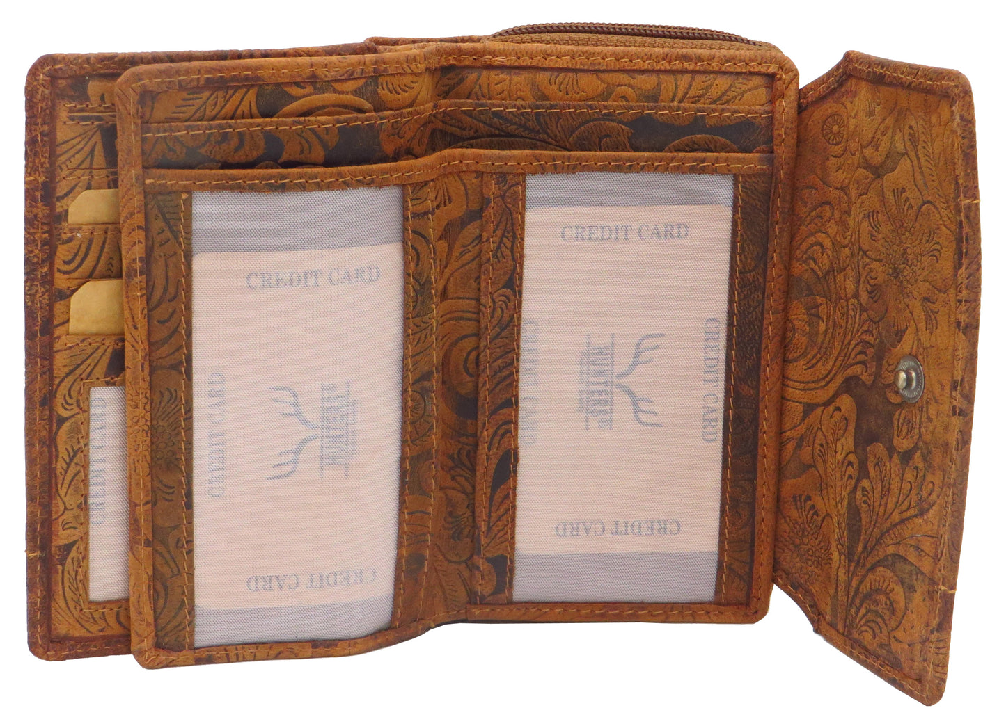 Geldbörse Portemonnaie Organizer braun für Damen Blumenmuster Büffelleder LW002