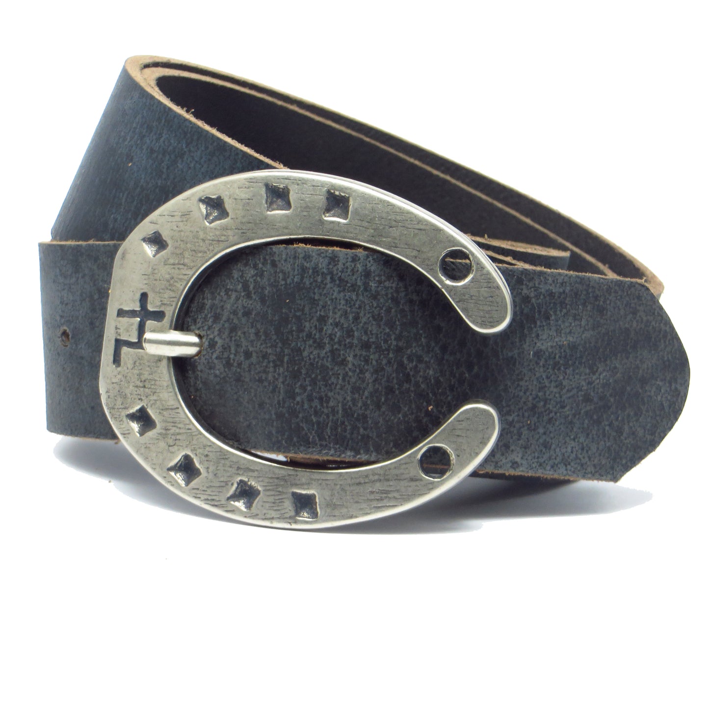 Ledergürtel 4 cm breit blau Büffelleder mit Hufeisenschnalle Silber