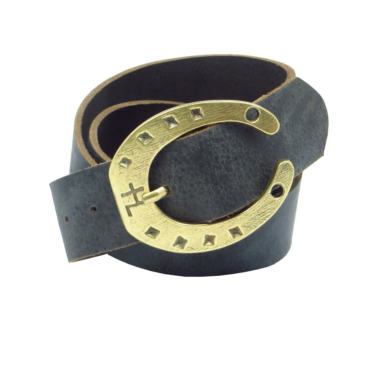 Ledergürtel 4 cm breit blau Büffelleder mit Hufeisenschnalle messing