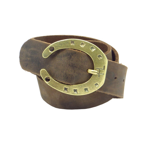 Ledergürtel 4 cm breit dunkelbraun Büffelleder mit Hufeisenschnalle messing