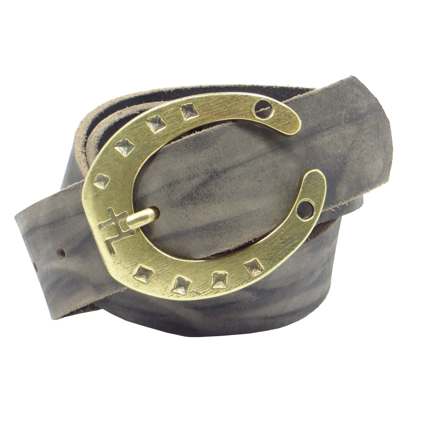 Ledergürtel 4 cm breit grau Büffelleder mit Hufeisenschnalle messing