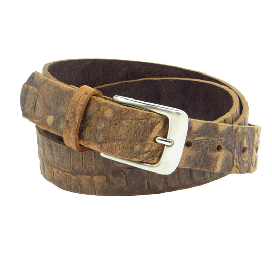 Brauner Büffelleder mit Kroko-Prägung 3 cm breiter Ledergürtel für Damen Herren ca. 3 – 4 mm dickem Leder. Anzughose Jeans Rock Kleid Arbeitsgürtel Arbeitshose Damengürtel Herrengürtel in verschiedene Längen breiten und Farben erhältlich. Ledergürtel 2 cm breit 3 cm breite Ledergürtel 4 cm breite Gürtel und 5 cm breite Gürtel aus Rindsleder Büffelleder