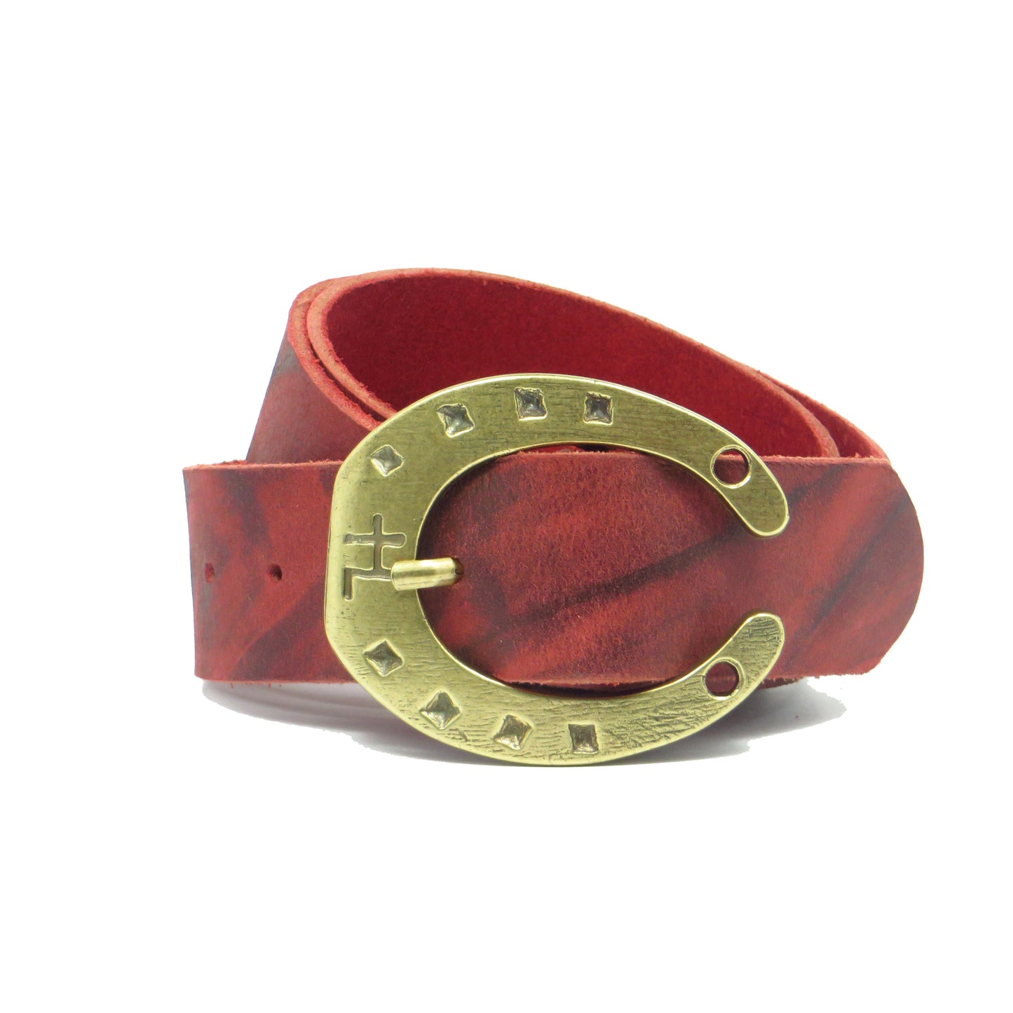 Ledergürtel 4 cm breit rot Büffelleder mit Hufeisenschnalle messing