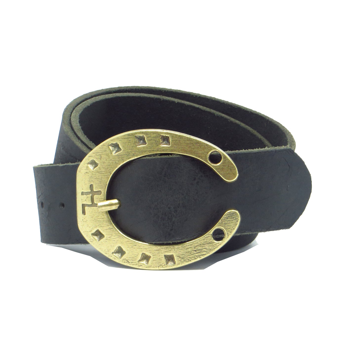 Ledergürtel 4 cm breit schwarz Büffelleder mit Hufeisenschnalle messing