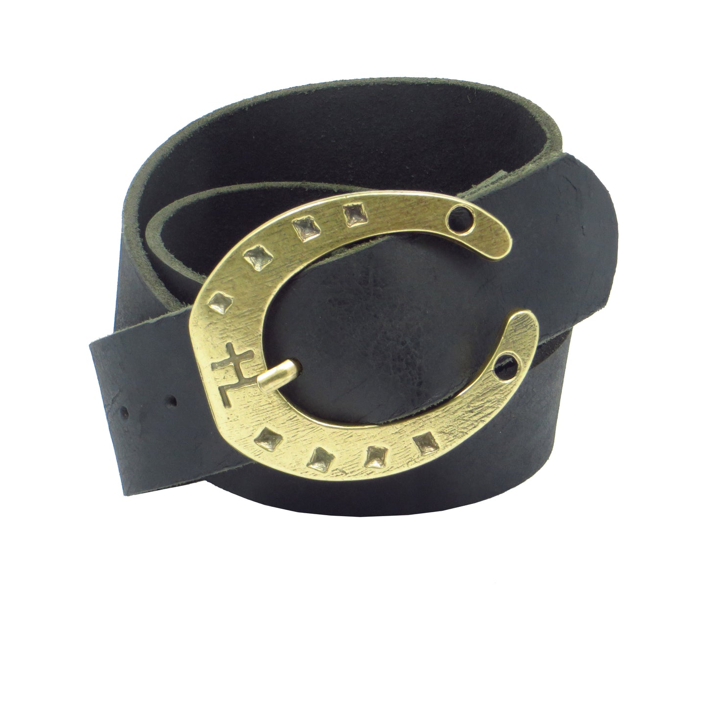 Ledergürtel 4 cm breit schwarz Büffelleder mit Hufeisenschnalle messing