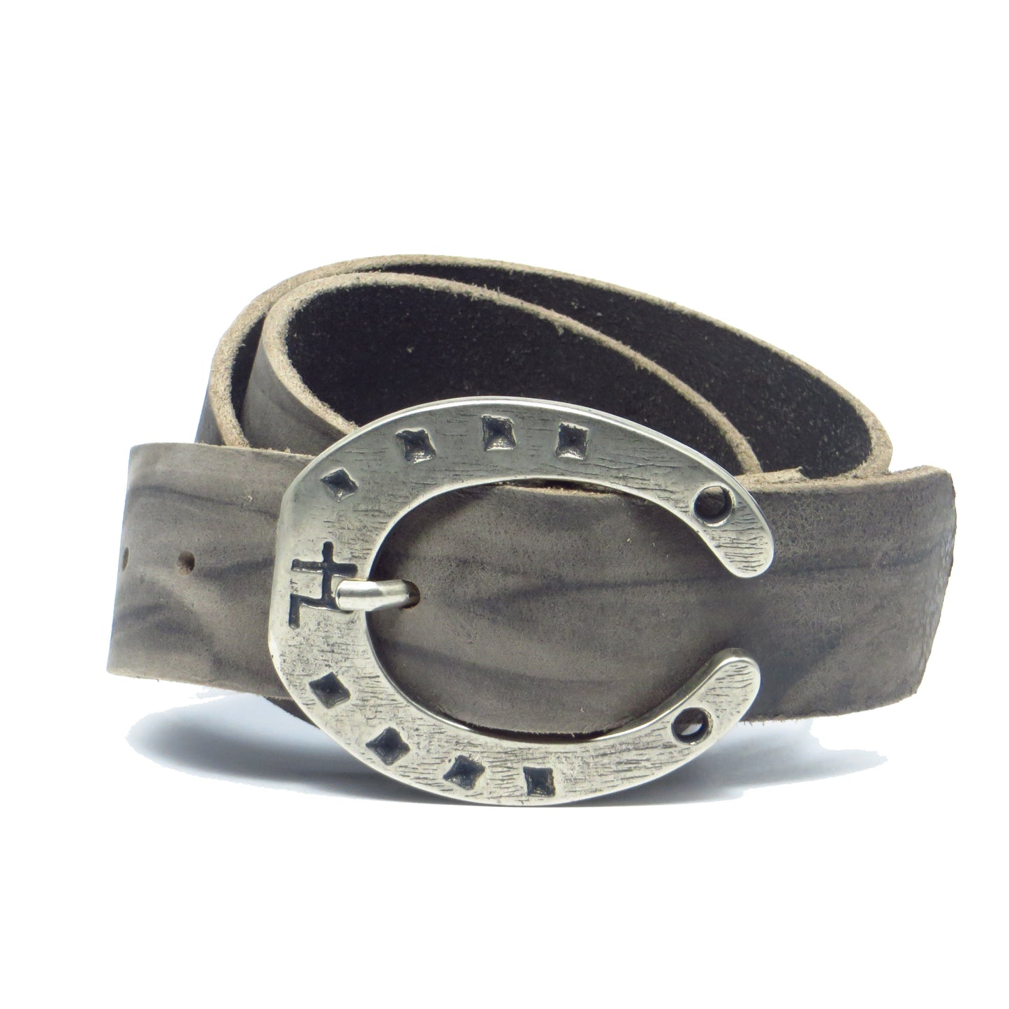 Ledergürtel 4 cm breit grau Büffelleder mit Hufeisenschnalle Silber