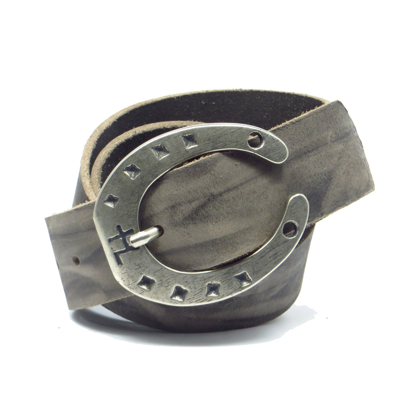 Ledergürtel 4 cm breit grau Büffelleder mit Hufeisenschnalle Silber
