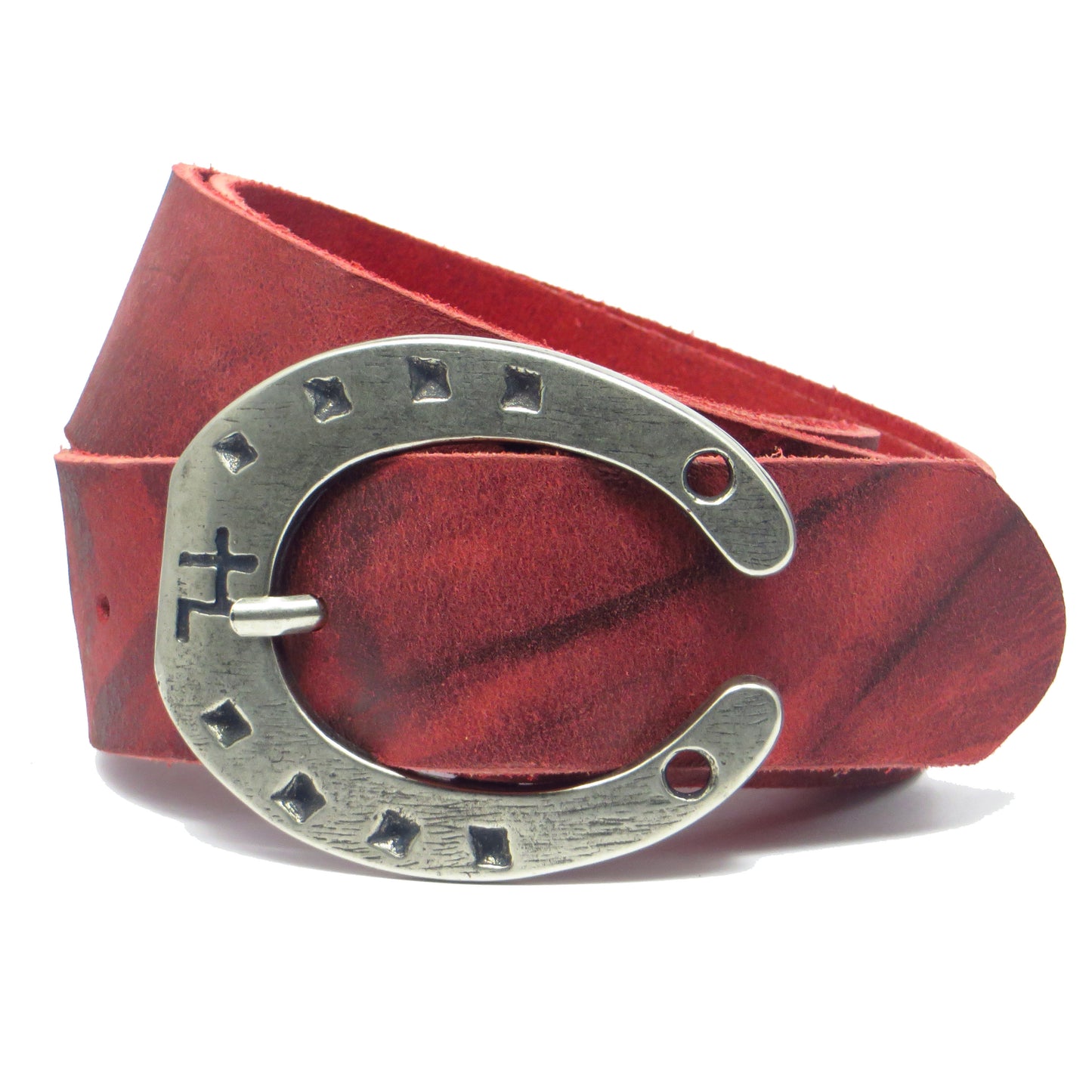 Ledergürtel 4 cm breit rot Büffelleder mit Hufeisenschnalle Silber