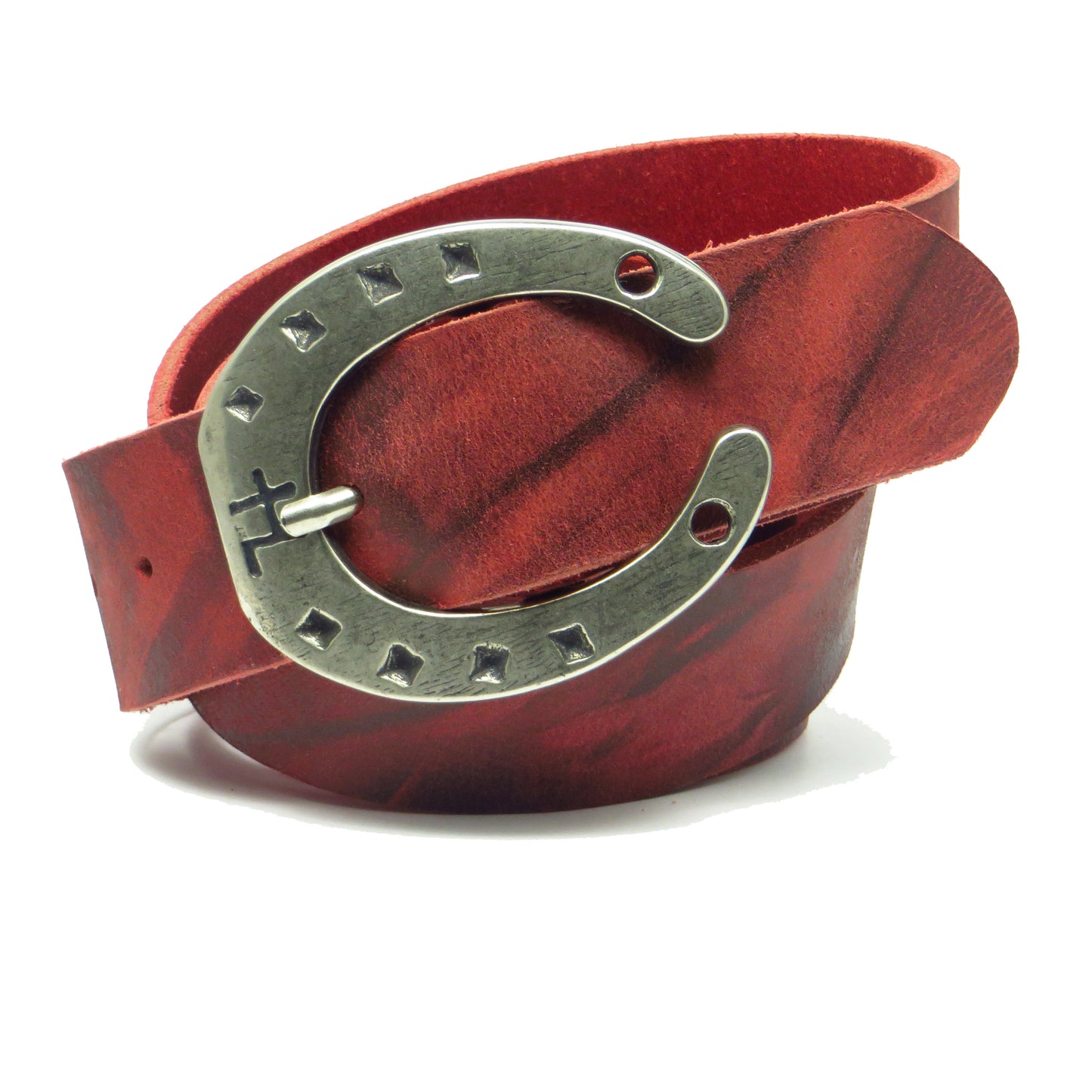 Ledergürtel 4 cm breit rot Büffelleder mit Hufeisenschnalle Silber
