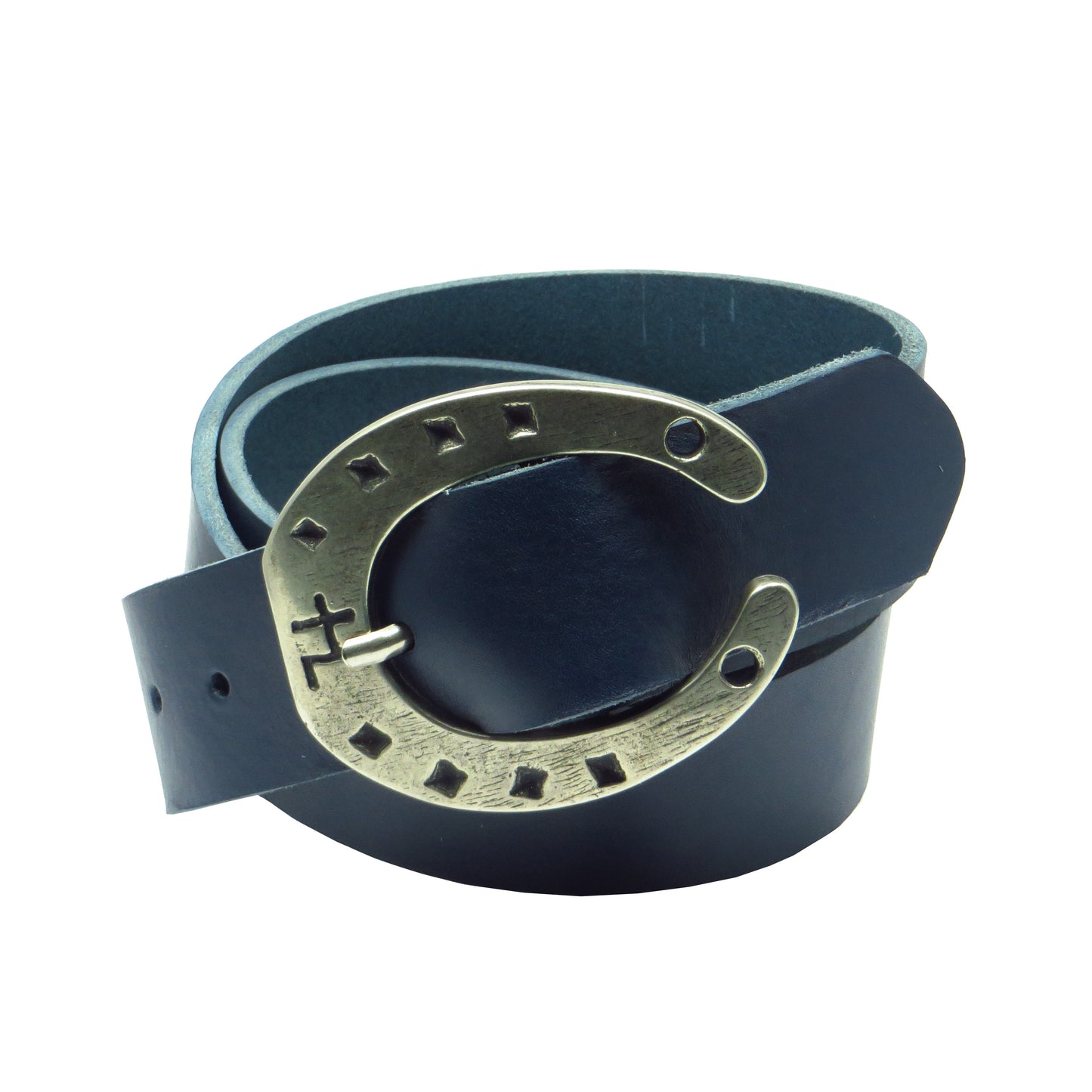 Ledergürtel 4 cm breit dunkelblau Rindsleder mit Hufeisenschnalle Silber