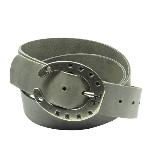 Ledergürtel 4 cm breit hellgrau Rindsleder mit Hufeisenschnalle Silber