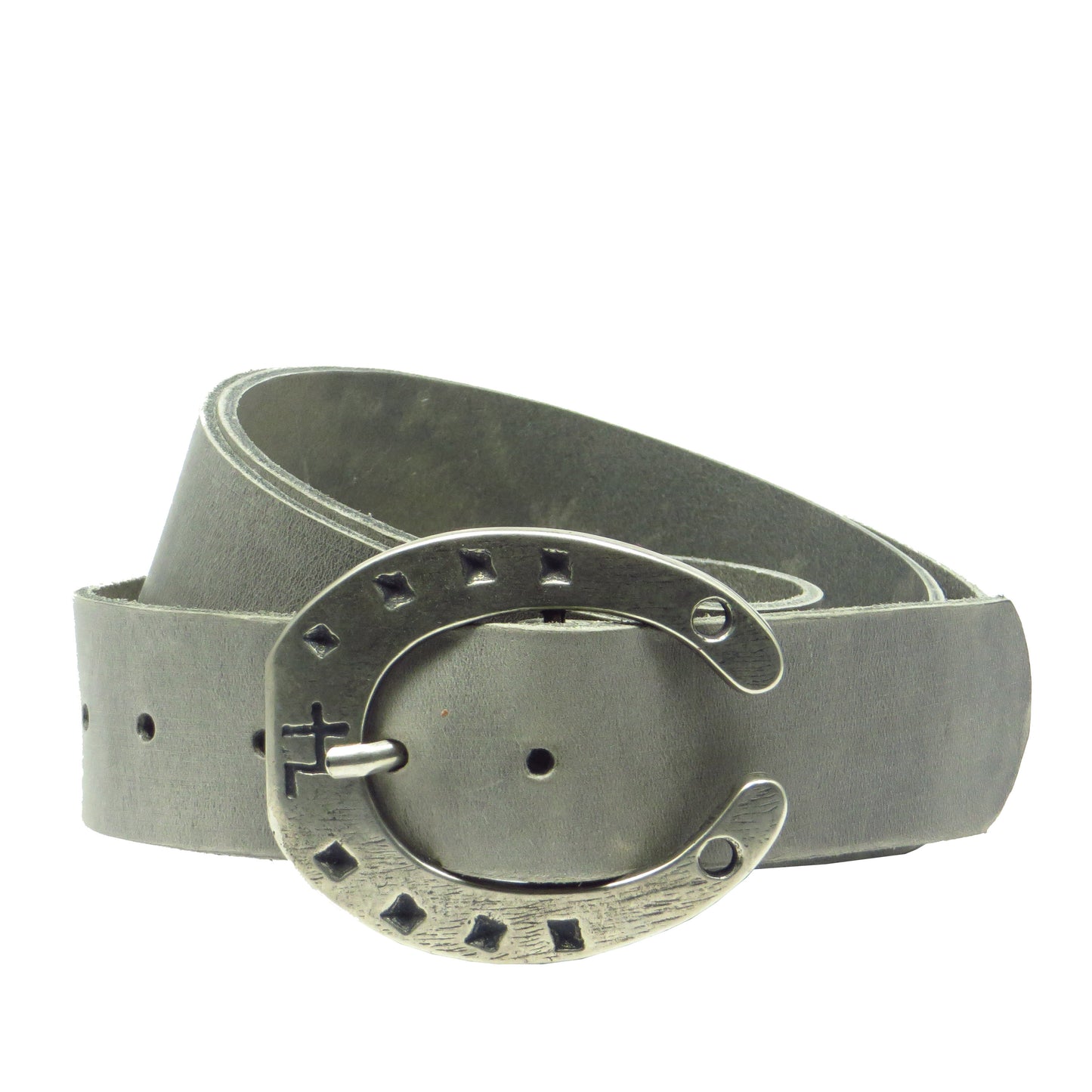 Ledergürtel 4 cm breit hellgrau Rindsleder mit Hufeisenschnalle Silber