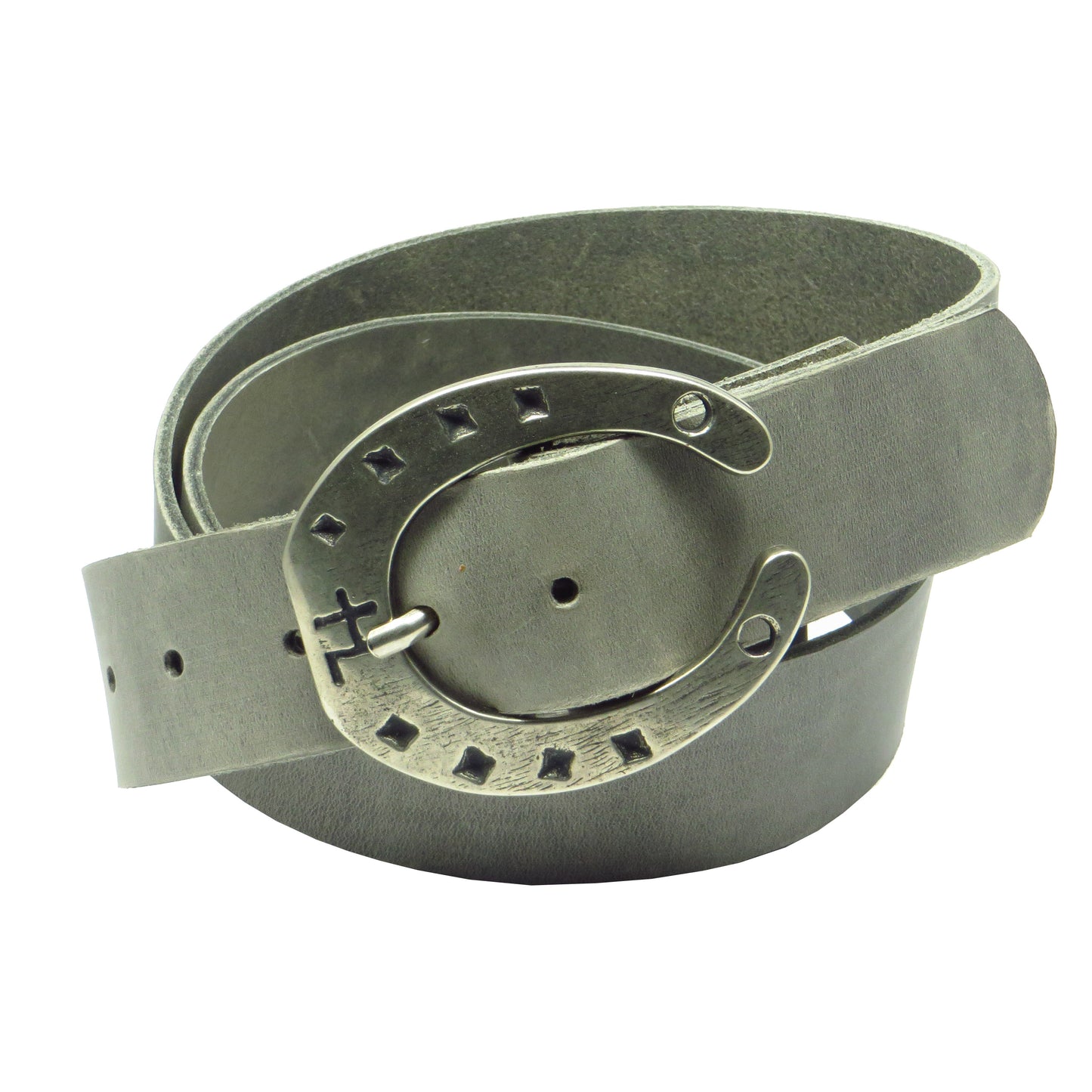 Ledergürtel 4 cm breit hellgrau Rindsleder mit Hufeisenschnalle Silber
