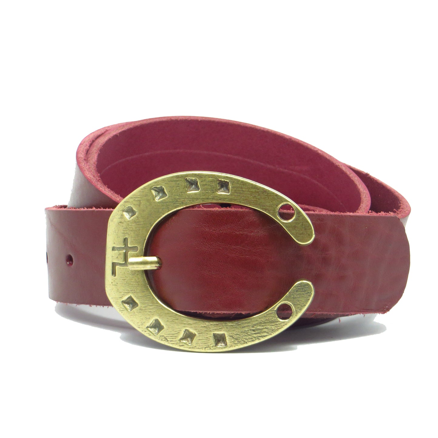 Ledergürtel 4 cm breit bordeaux rot Rindsleder mit Hufeisenschnalle messing
