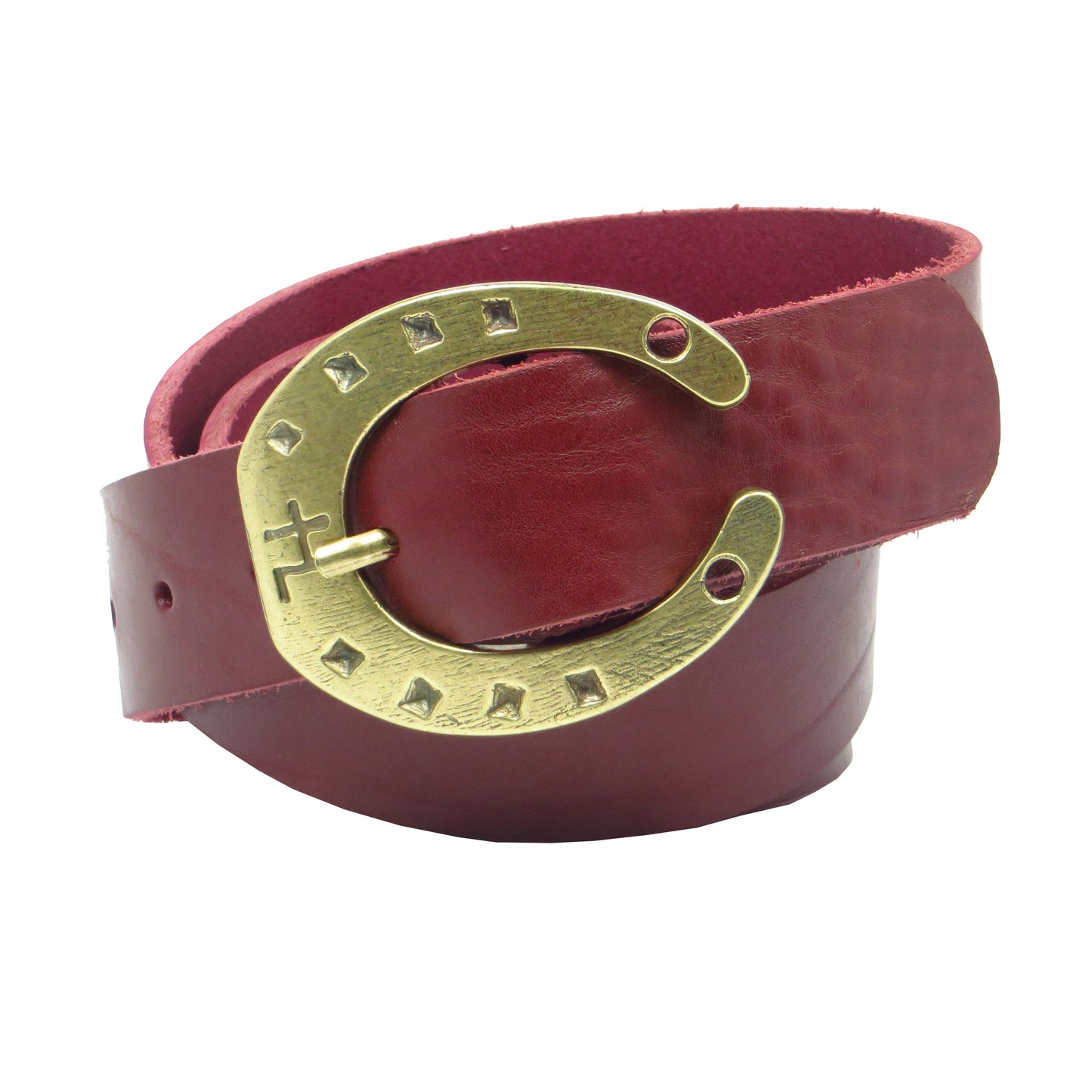 Ledergürtel 4 cm breit bordeaux rot Rindsleder mit Hufeisenschnalle messing