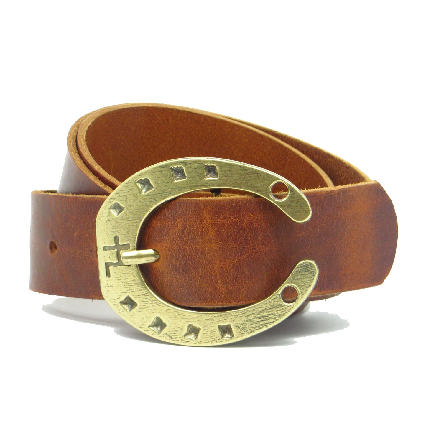 Ledergürtel 4 cm breit cognac braun Rindsleder mit Hufeisenschnalle messing