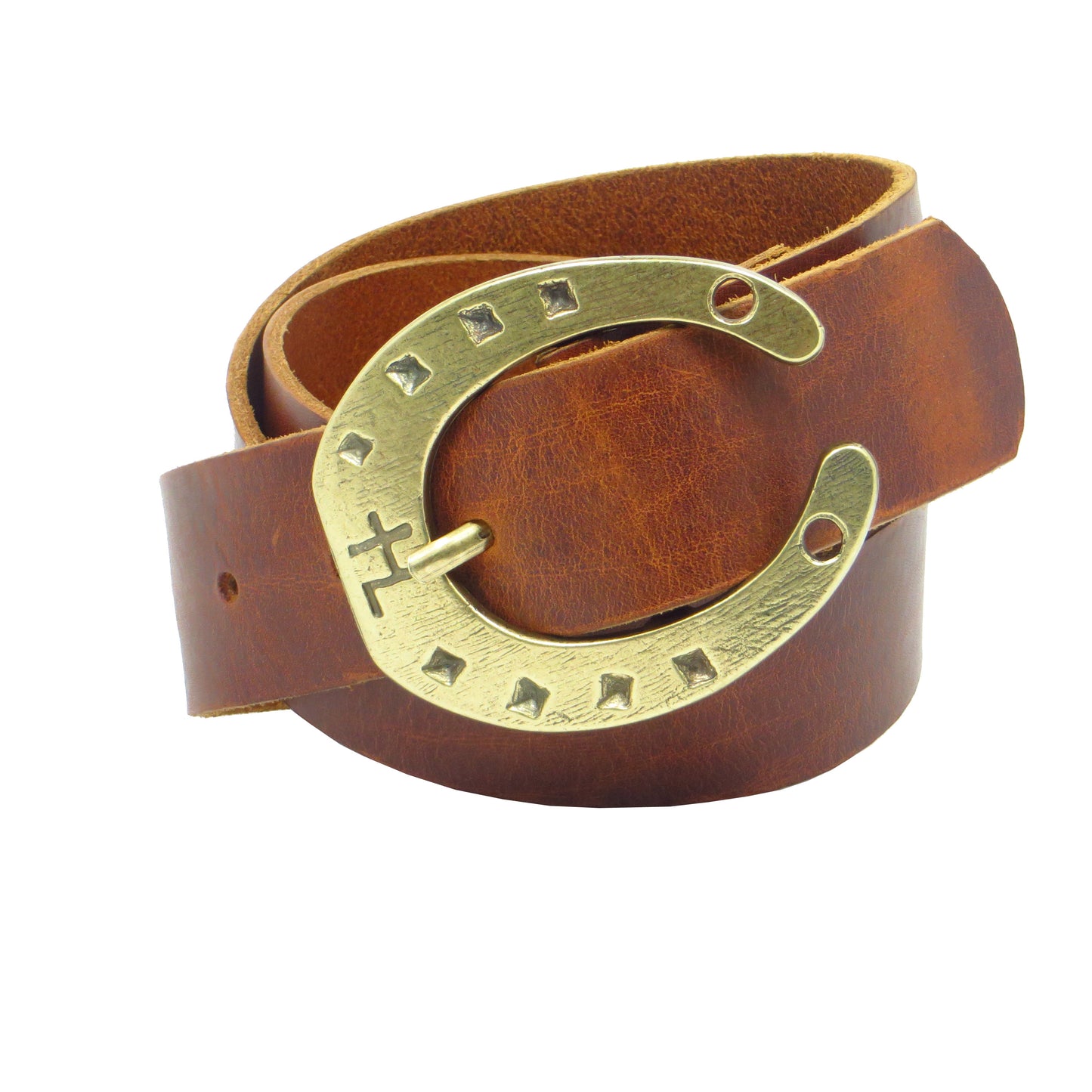 Ledergürtel 4 cm breit cognac braun Rindsleder mit Hufeisenschnalle messing
