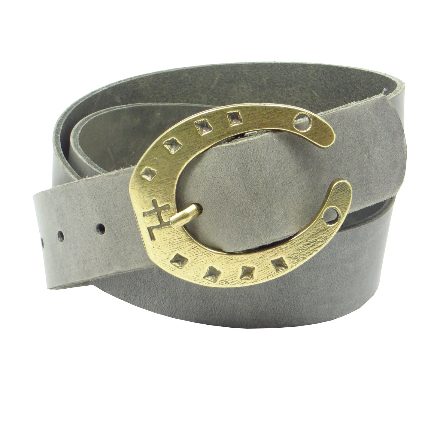 Ledergürtel 4 cm breit grau Rindsleder mit Hufeisenschnalle messing