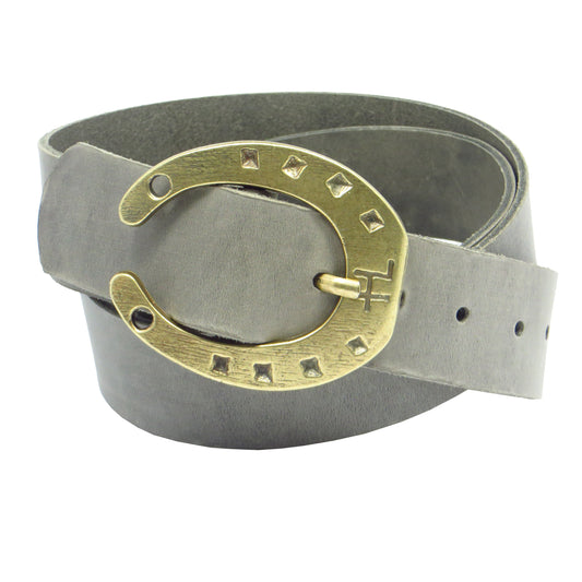 Ledergürtel 4 cm breit grau Rindsleder mit Hufeisenschnalle messing
