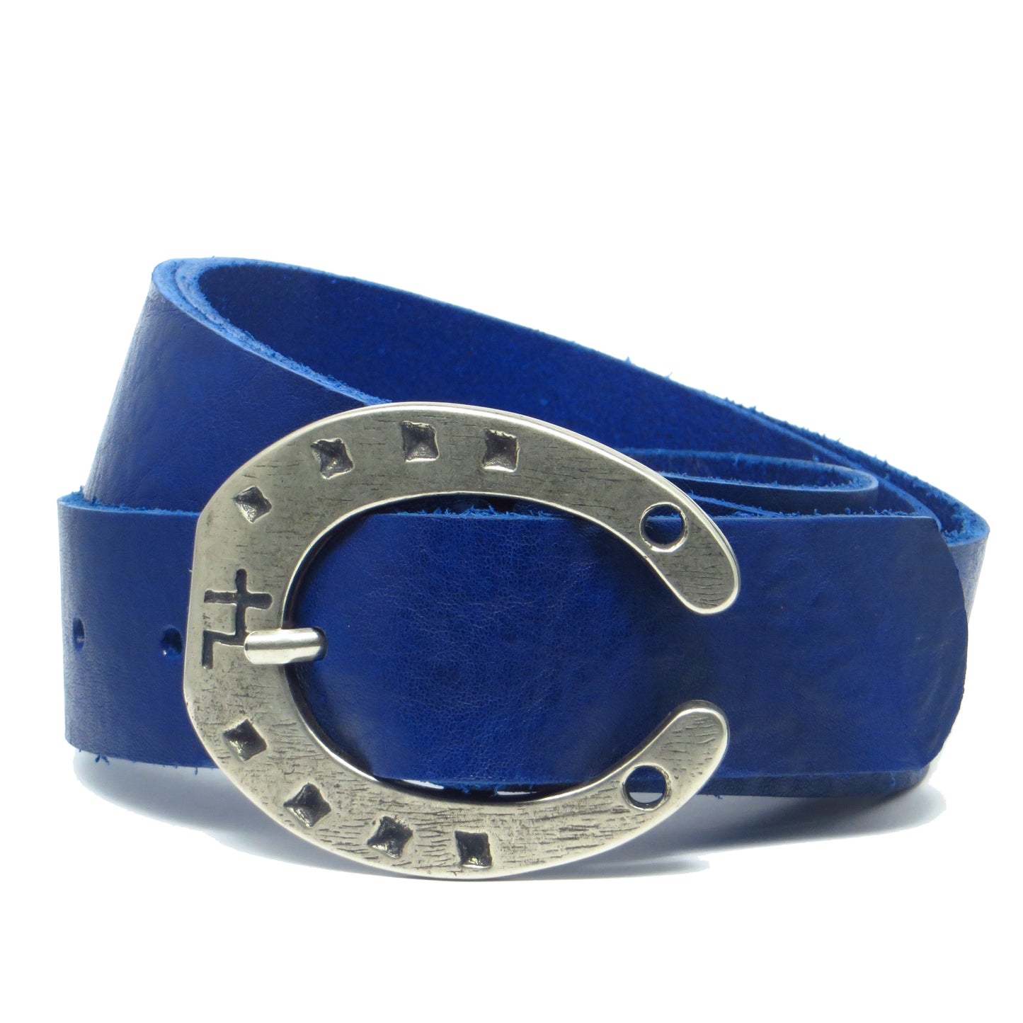 Ledergürtel 4 cm breit blau Rindsleder mit Hufeisenschnalle grau Silber
