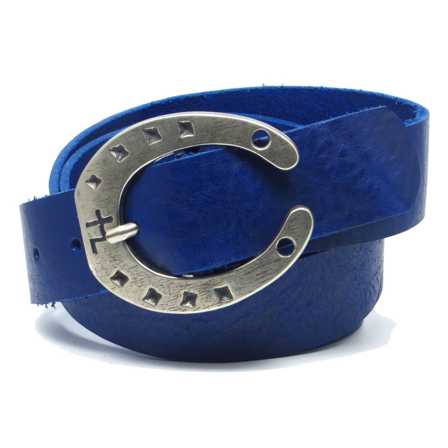 Ledergürtel 4 cm breit blau Rindsleder mit Hufeisenschnalle grau Silber