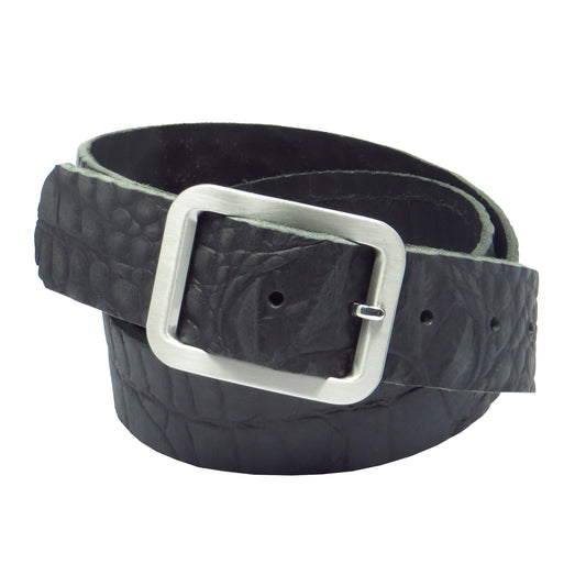 Ledergürtel 4 cm breit schwarz mit Krokoprägung Büffelleder
