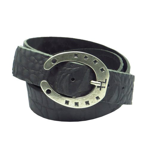 Ledergürtel 4 cm breit schwarz Büffelleder mit Krokoprägung mit Hufeisenschnalle Silber