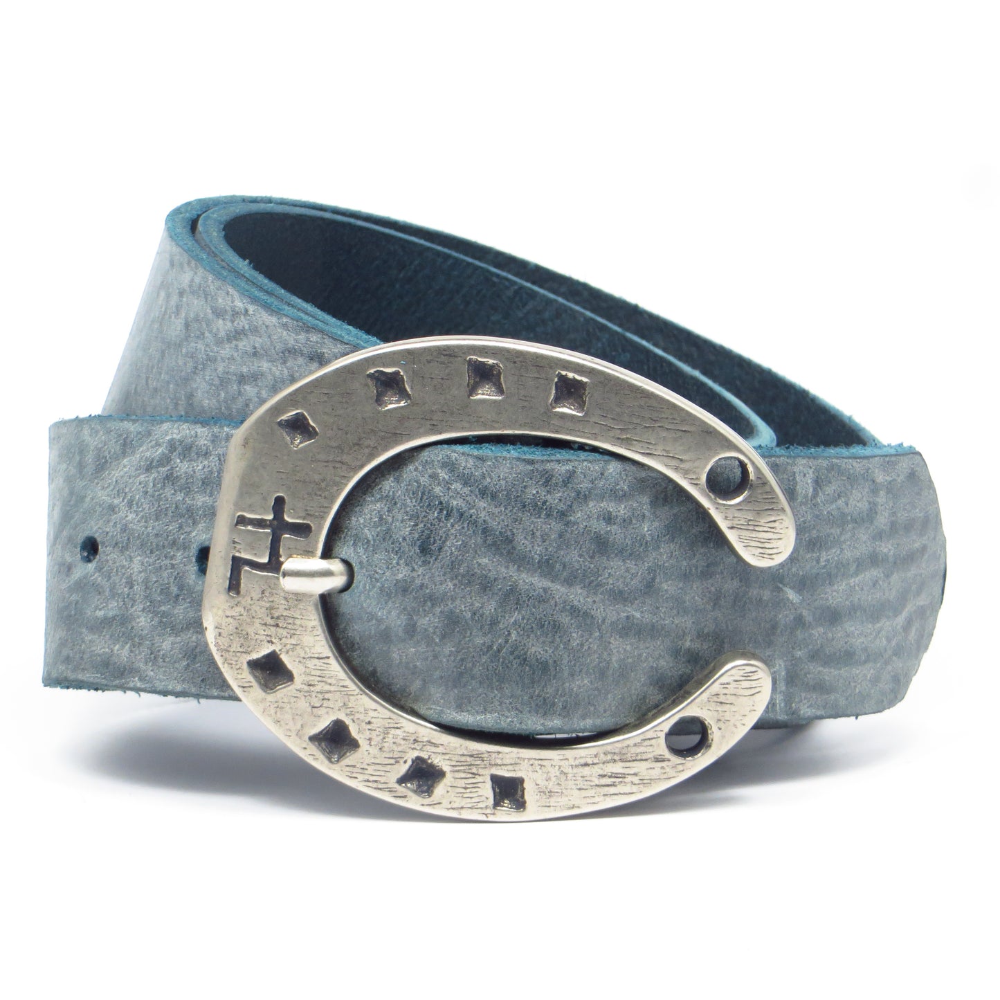 Ledergürtel 4 cm breit Jeans-blau Rindsleder mit Hufeisenschnalle Silber