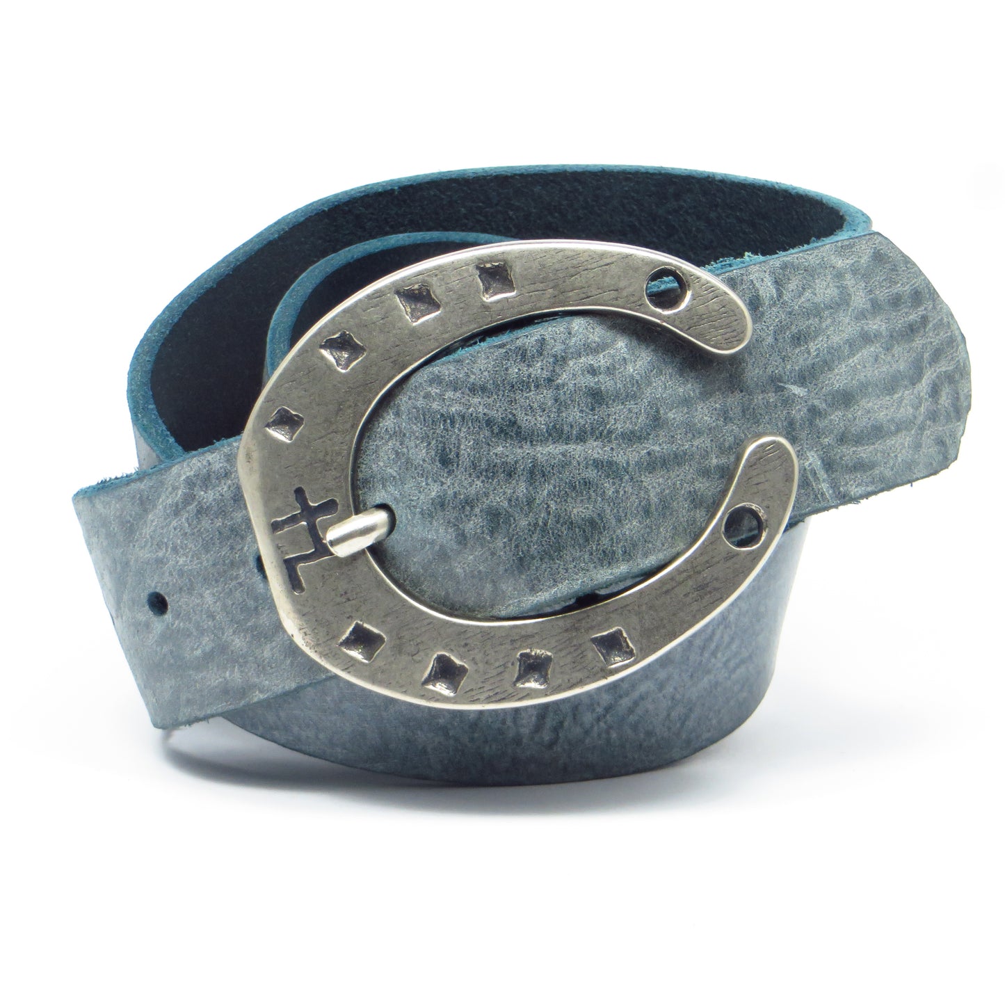 Ledergürtel 4 cm breit Jeans-blau Rindsleder mit Hufeisenschnalle Silber