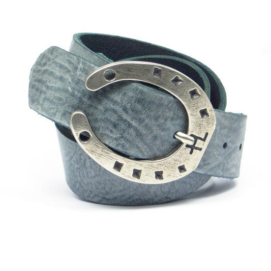 Ledergürtel 4 cm breit Jeans-blau Rindsleder mit Hufeisenschnalle Silber