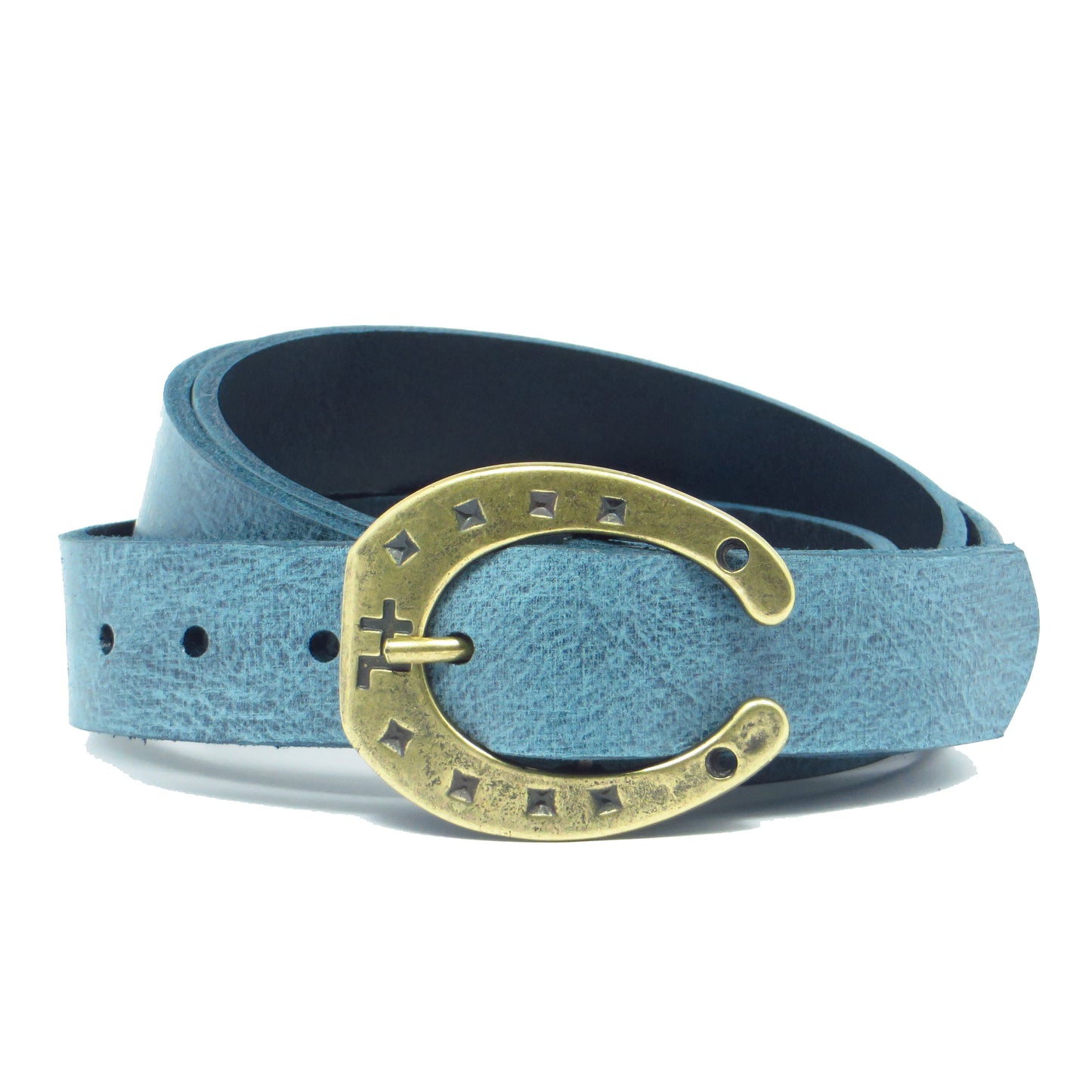 Ledergürtel 3 cm breit Jeans-blau Rindsleder mit Hufeisenschnalle
