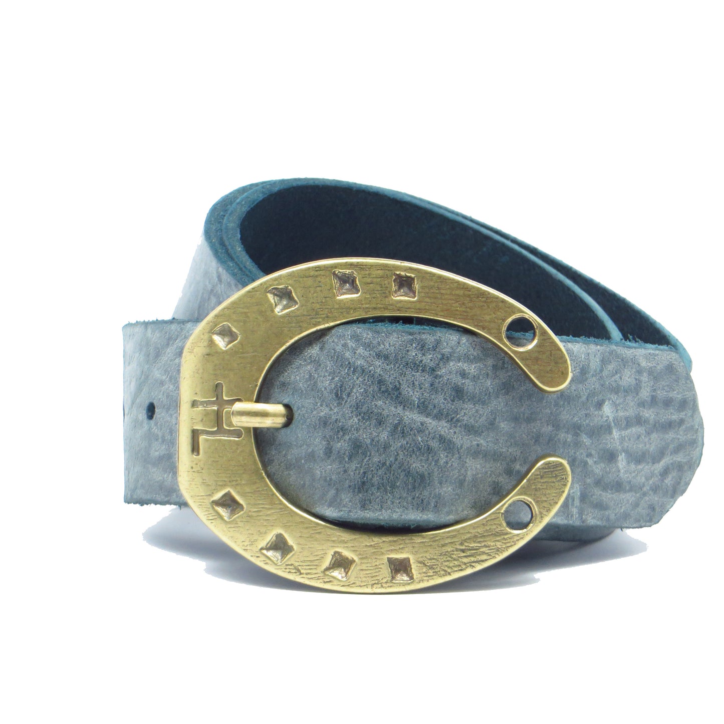 Ledergürtel 4 cm breit Jeans-blau Rindsleder mit Hufeisenschnalle messing
