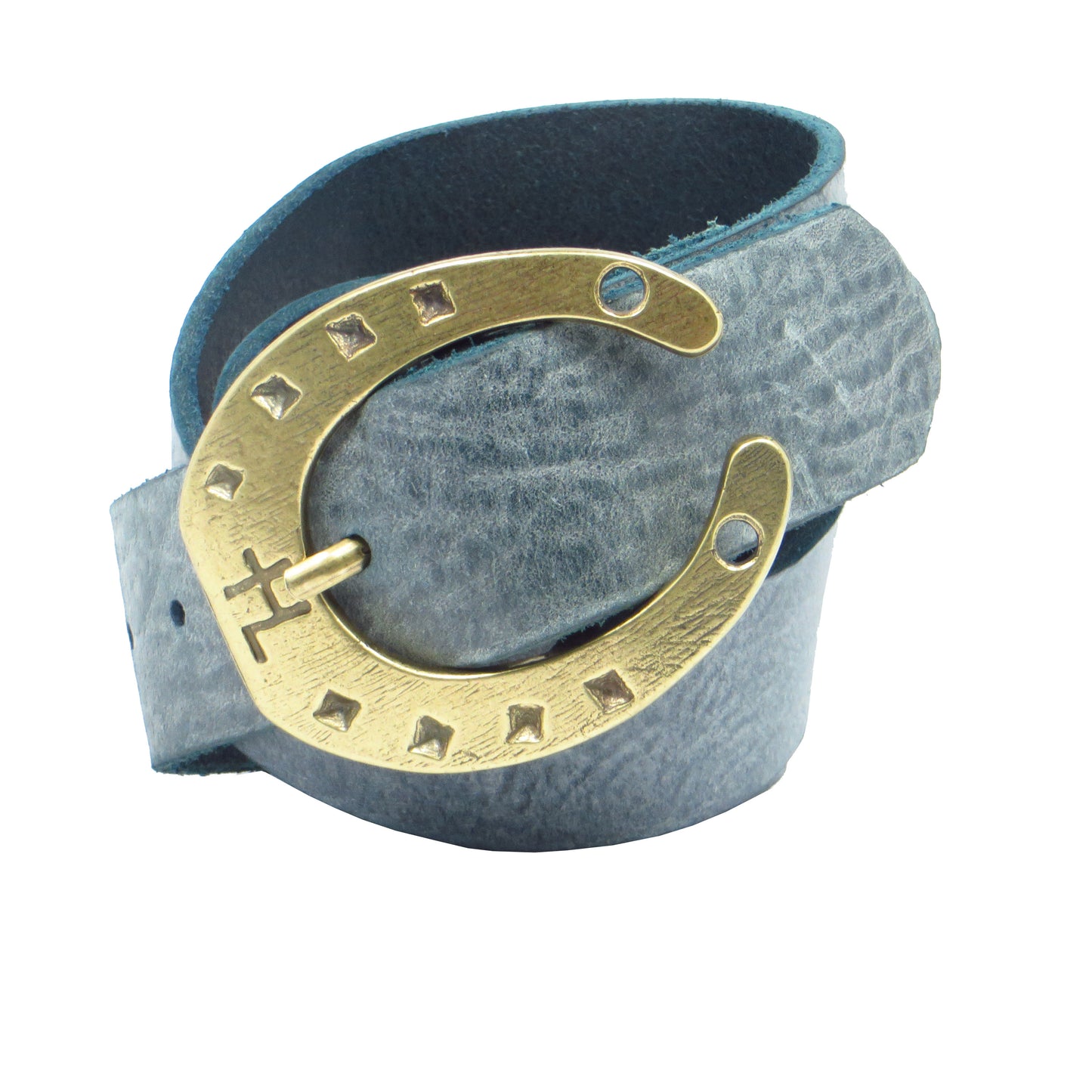 Ledergürtel 4 cm breit Jeans-blau Rindsleder mit Hufeisenschnalle messing