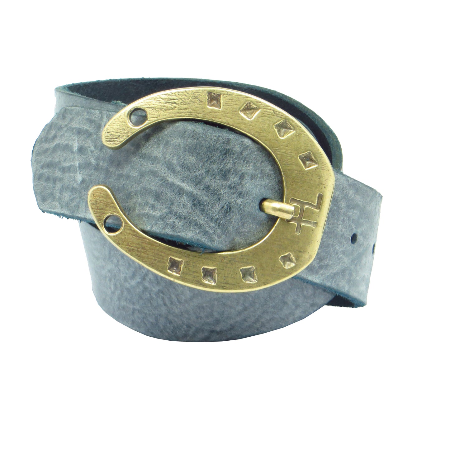 Ledergürtel 4 cm breit Jeans-blau Rindsleder mit Hufeisenschnalle messing