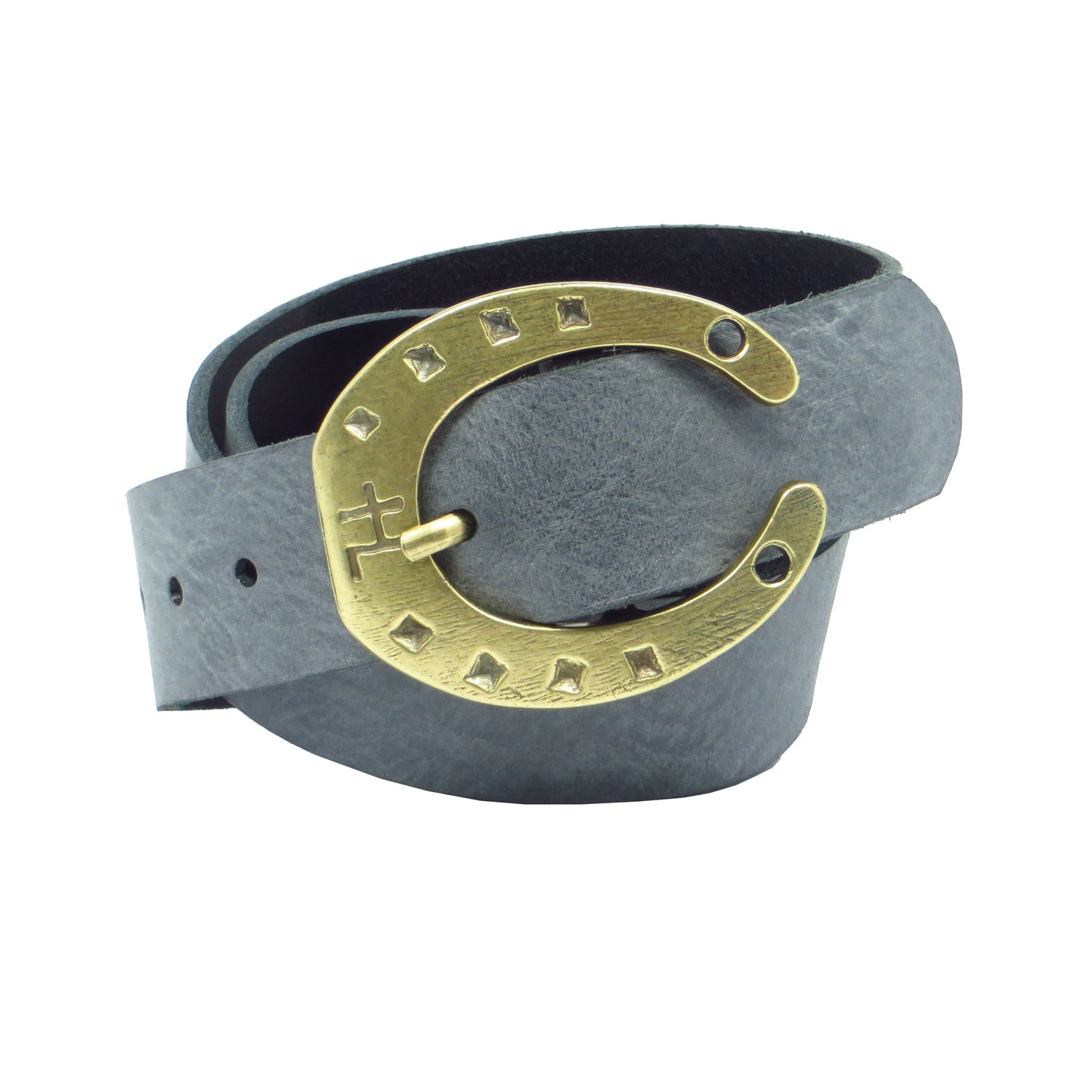 Ledergürtel 4 cm breit dunkelgrau Rindsleder mit Hufeisenschnalle messing