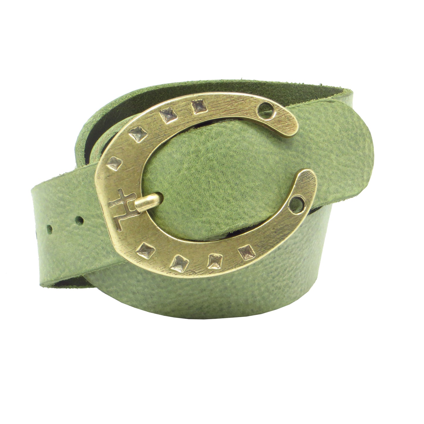 Ledergürtel 4 cm breit mint grün Rindsleder mit Hufeisenschnalle messing