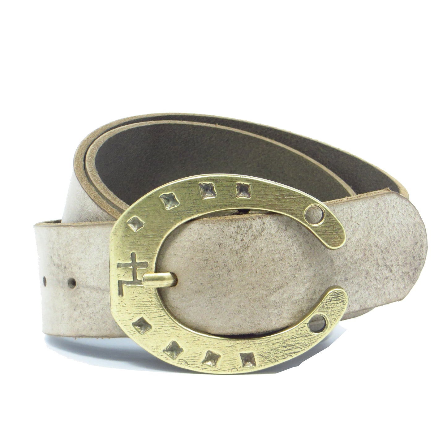 Ledergürtel 4 cm breit schlamm grau-braun Rindsleder mit Hufeisenschnalle messing