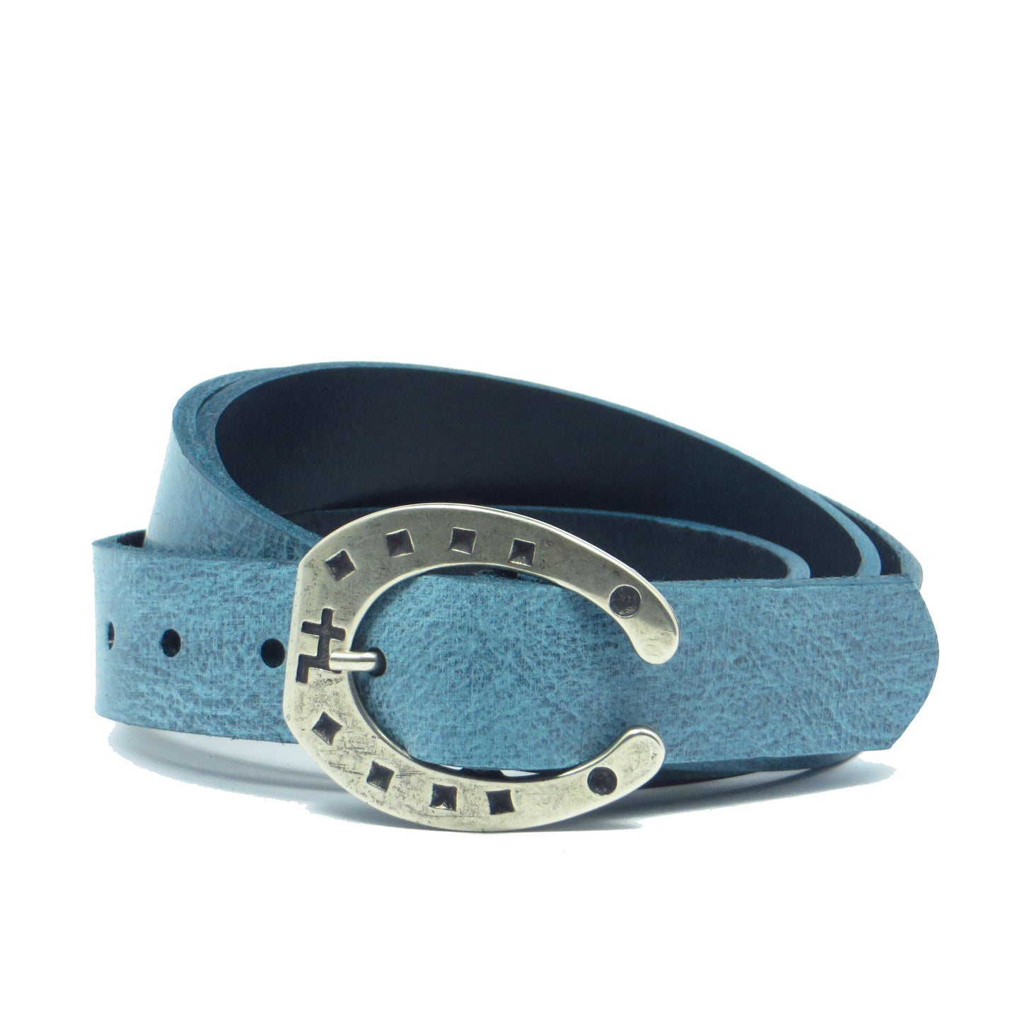 Ledergürtel 3 cm breit Jeans-blau Rindsleder mit Hufeisenschnalle